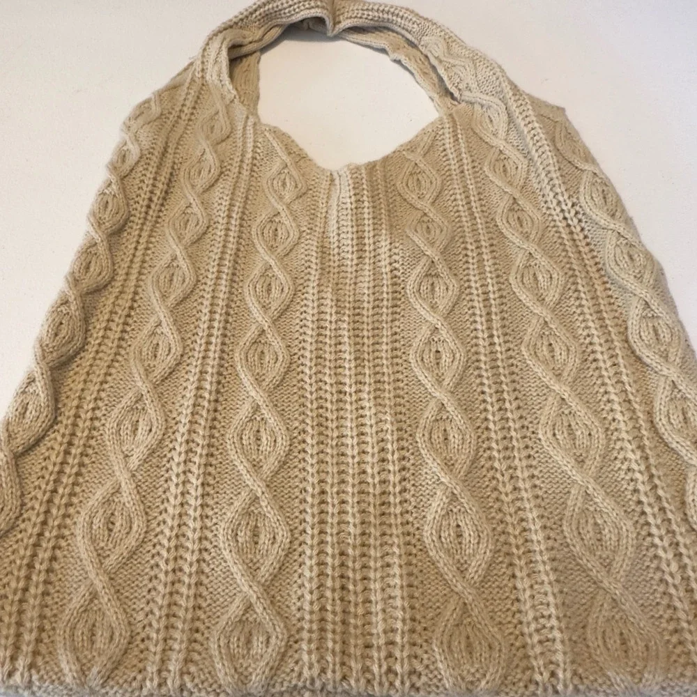 Cream Cable Knit Hobo Bag Slouchy Tote Shoulder‎ Bag Bohemian Beige Chunky Knit